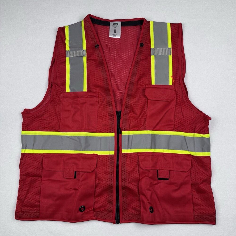 Uline Colored Hi-Visibility Reflective Safety Vest Full Zip Pocket Red Large/XL